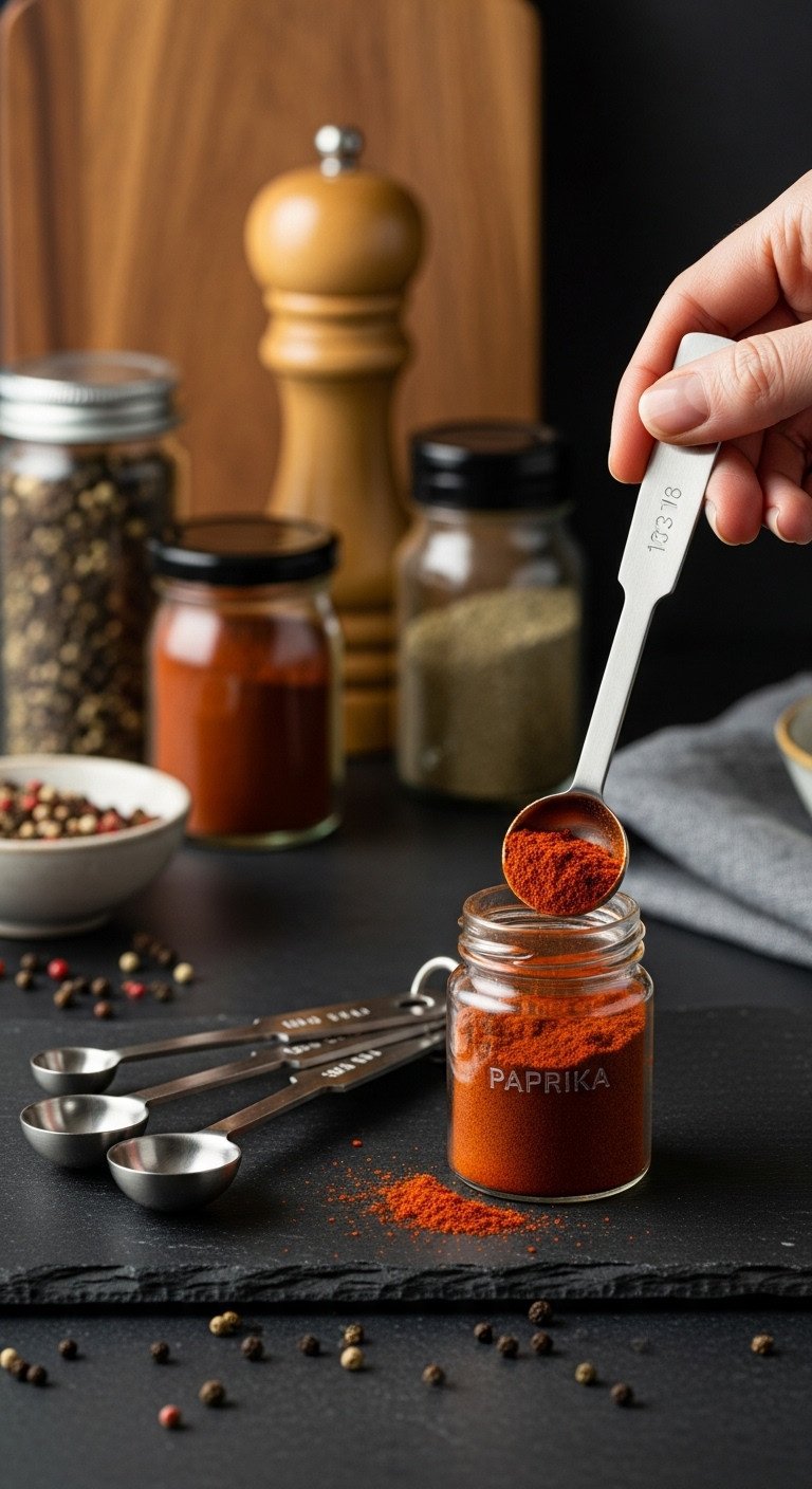 Elongated measuring spoons dipping into a spice jar on a dark slate surface