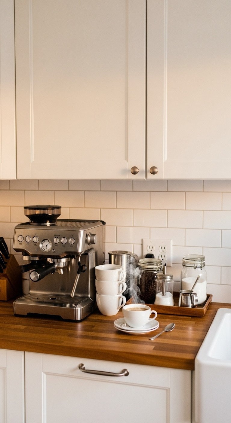 Espresso coffee station with white mugs, coffee beans on a butcher block counter in a cozy white kitchen with soft light.