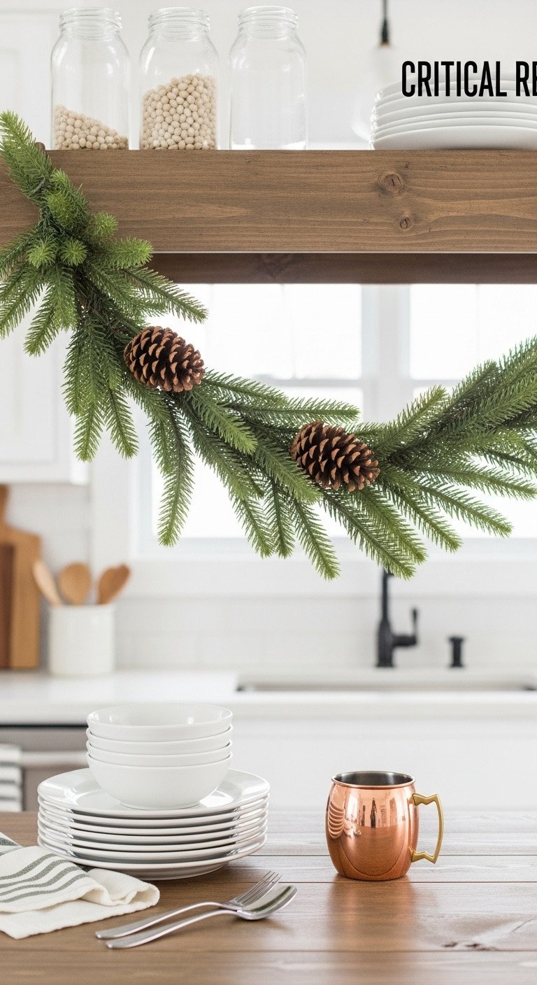 7 January Decor After Christmas Kitchen Ideas For A Cozy Reset 3 Evergreen garland with natural pinecones draped on a rustic wooden kitchen shelf for winter decor