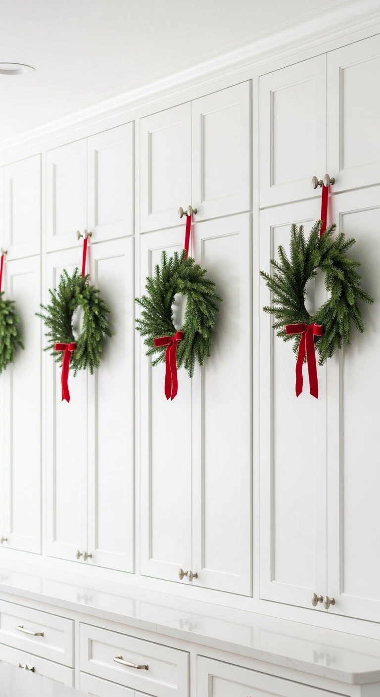 Evergreen wreaths with red velvet ribbons hanging on white shaker style kitchen cabinets