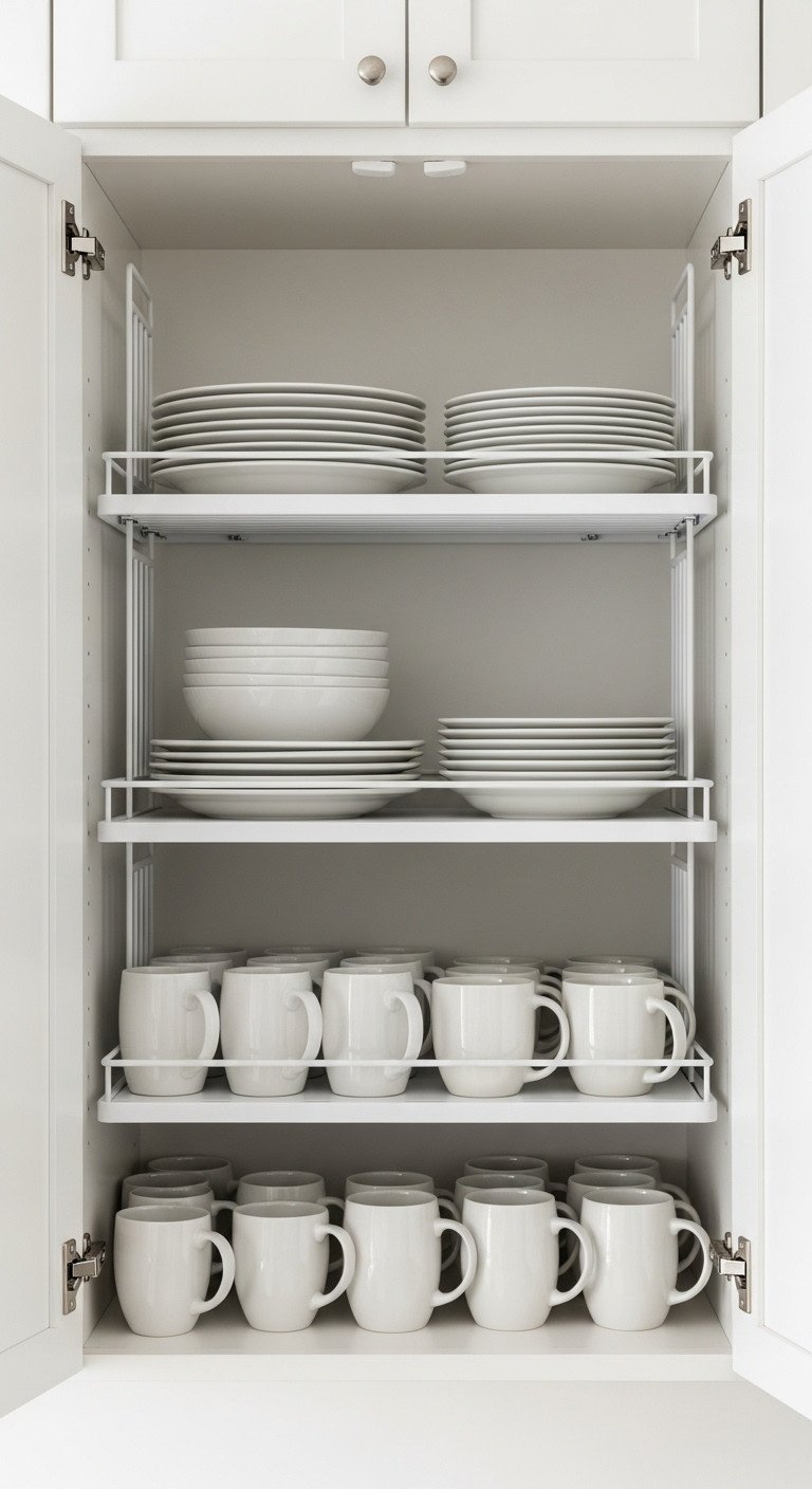 Expandable cabinet shelf organizer doubling storage for plates and mugs inside a kitchen cabinet