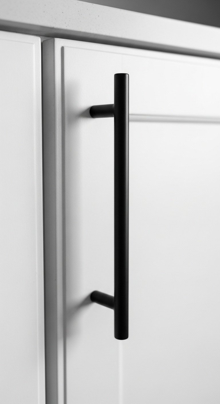 13 Brilliant Galley Kitchen Ideas To Maximize Your Space 17 Extreme close-up of a sleek matte black bar pull on a freshly painted white shaker-style kitchen cabinet door.