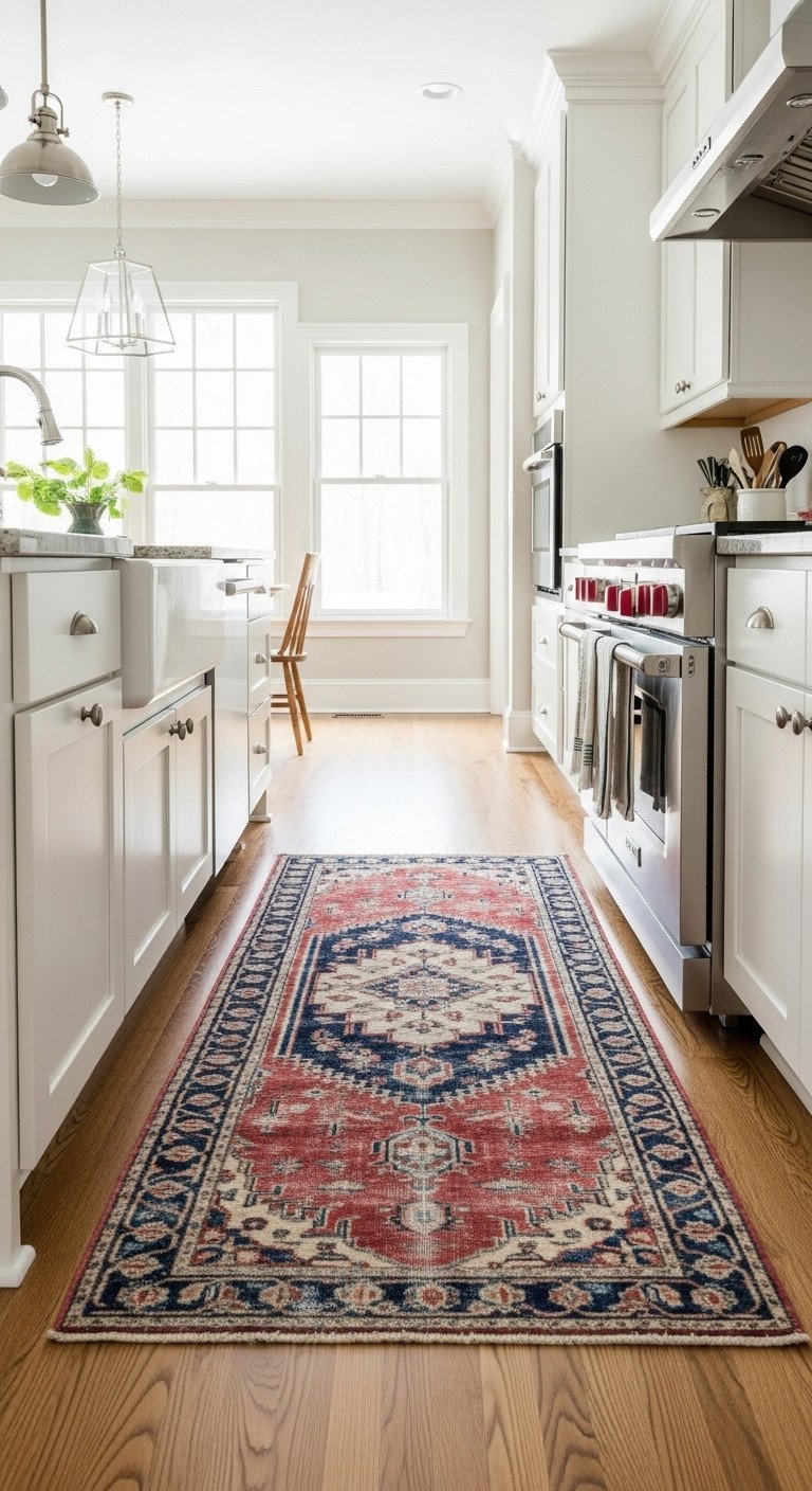 Faded Persian-style runner rug with red, blue, and cream tones on light oak hardwood in a cozy white galley kitchen.