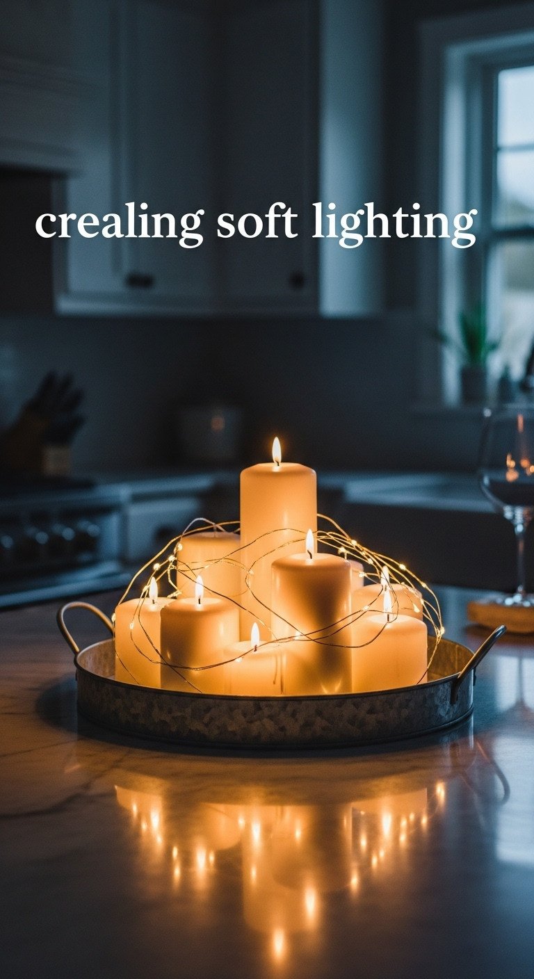 7 January Decor After Christmas Kitchen Ideas For A Cozy Reset 9 Fairy lights woven around white pillar candles on a galvanized metal tray on a kitchen counter at dusk