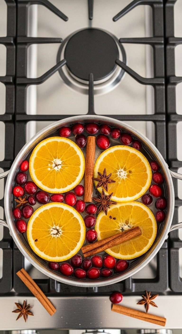 Fall simmer pot with vibrant orange slices, red cranberries, cinnamon sticks, star anise in a pot on a gas stovetop.