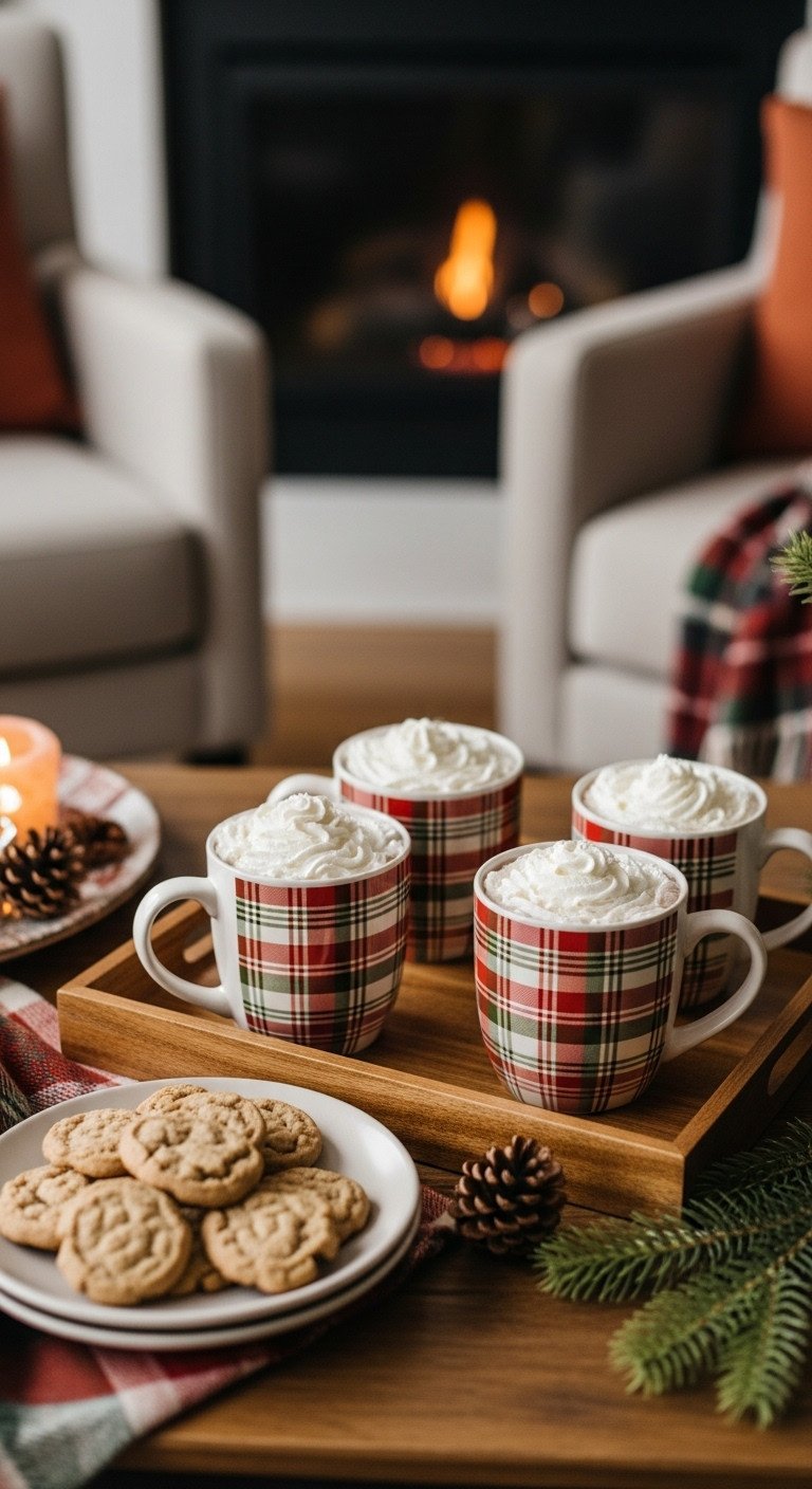 Family holiday gathering with a set of four matching plaid stoneware mugs filled with hot chocolate on a rustic wooden table