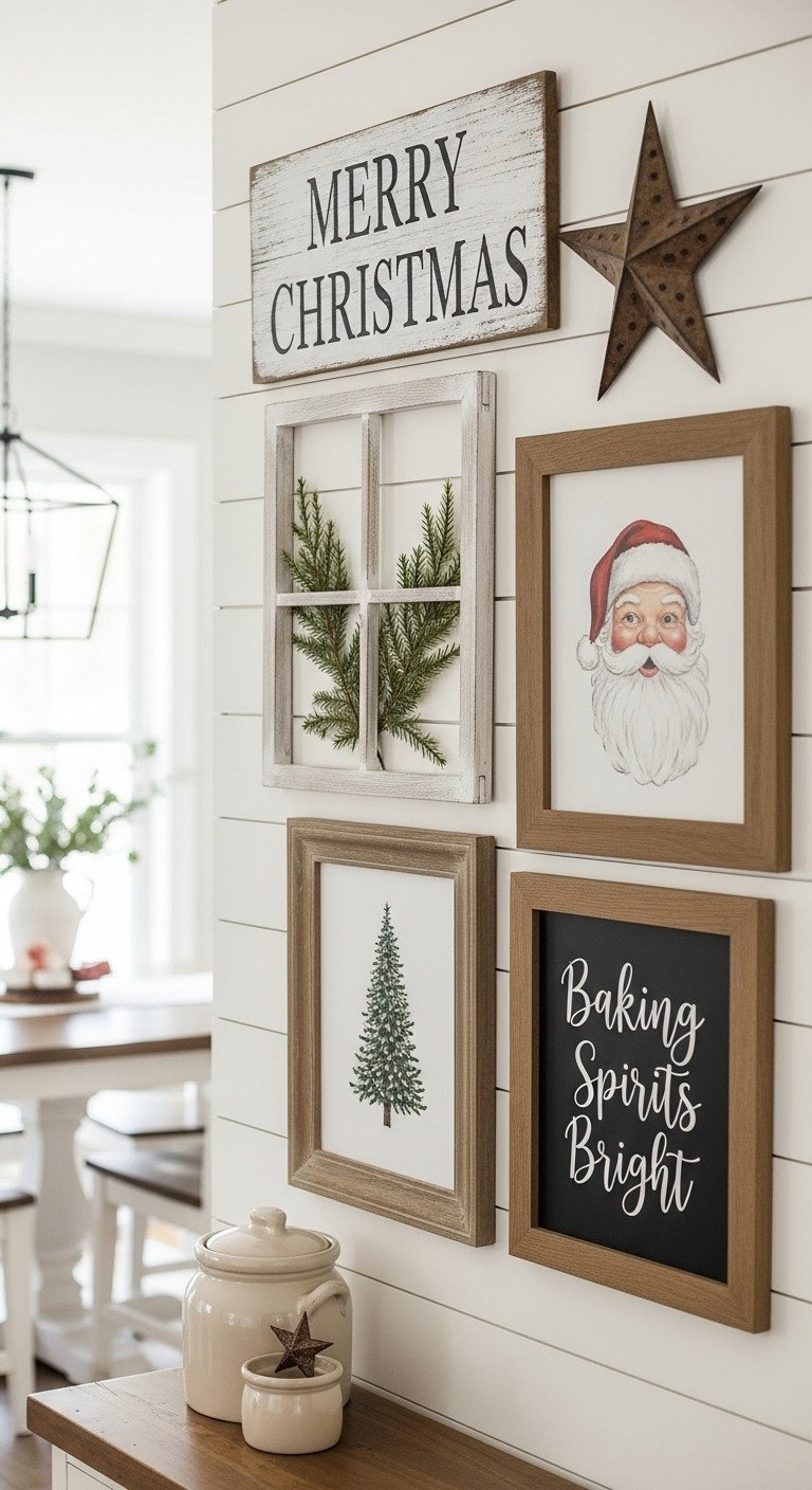 Farmhouse Christmas kitchen gallery wall with vintage signs, antique Santa print, chalkboard art, shiplap.