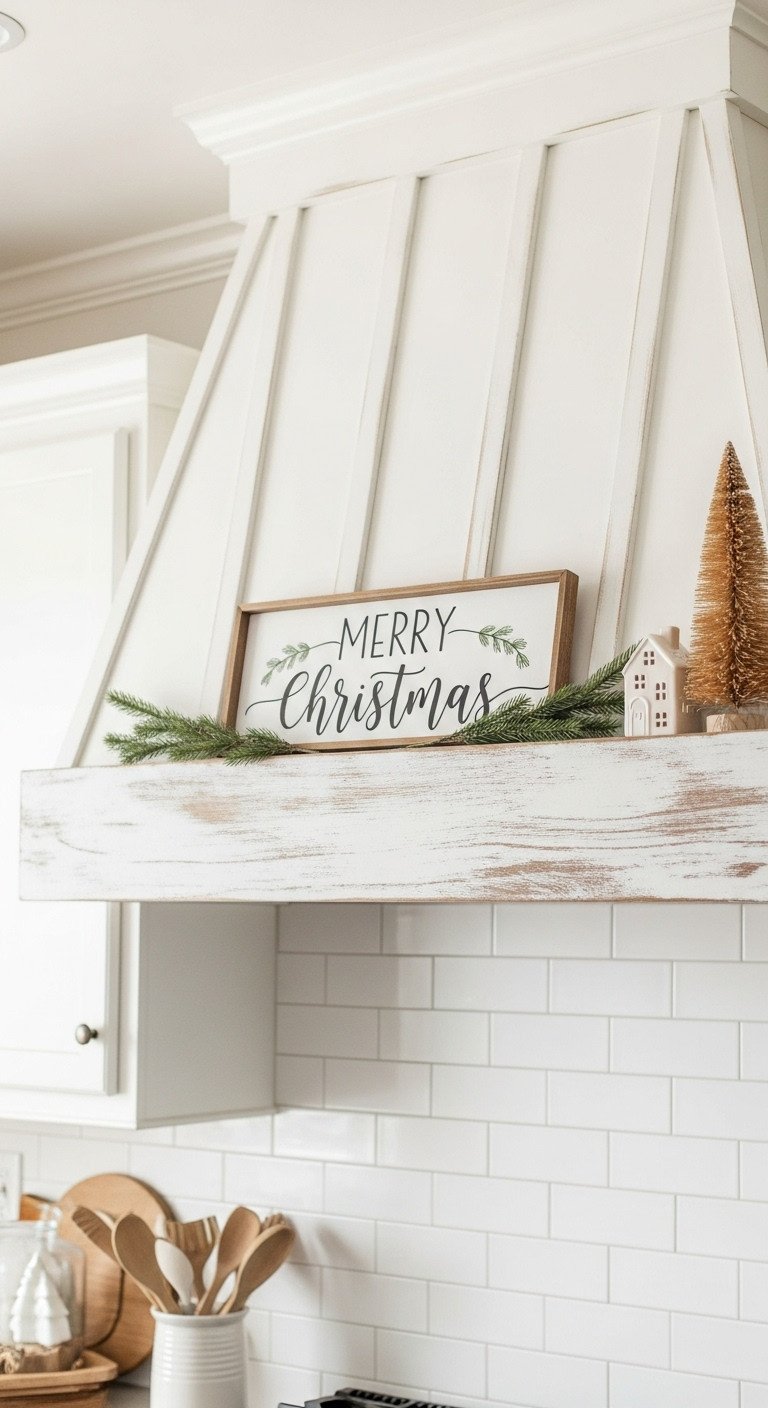 Farmhouse Christmas kitchen hood mantel with a Merry Christmas wooden sign flanked by pine sprigs ceramic house and bottlebrush tree
