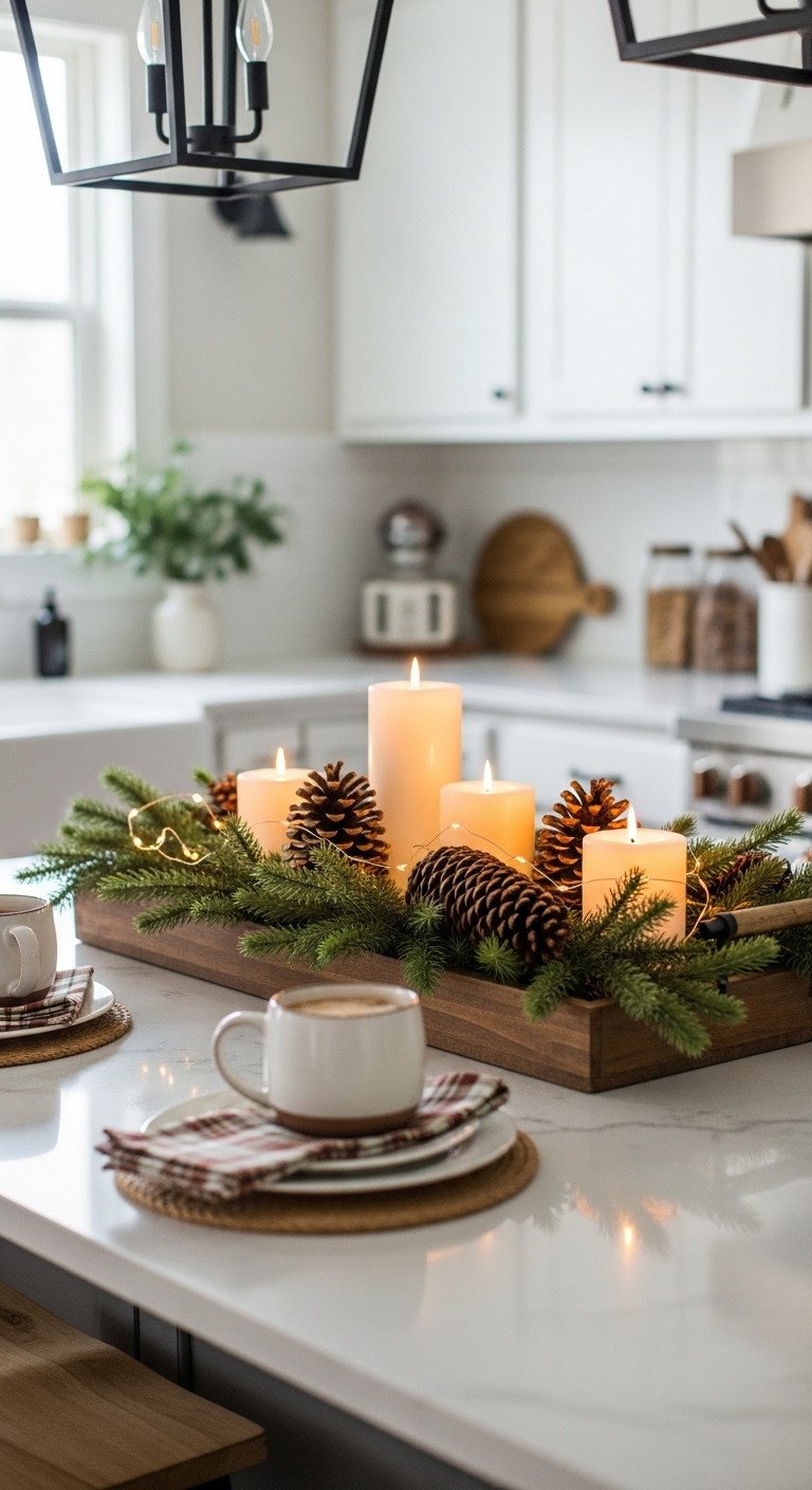 Farmhouse Christmas kitchen island centerpiece with pine branches, pinecones, candles, warm fairy lights on quartz.