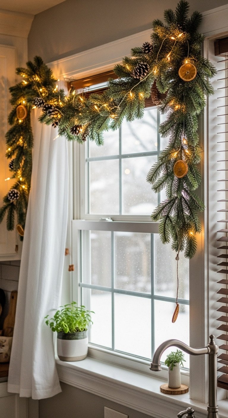 Farmhouse Christmas kitchen window with frosted pine garland, warm LED lights, pinecones, orange slices, snowy view.