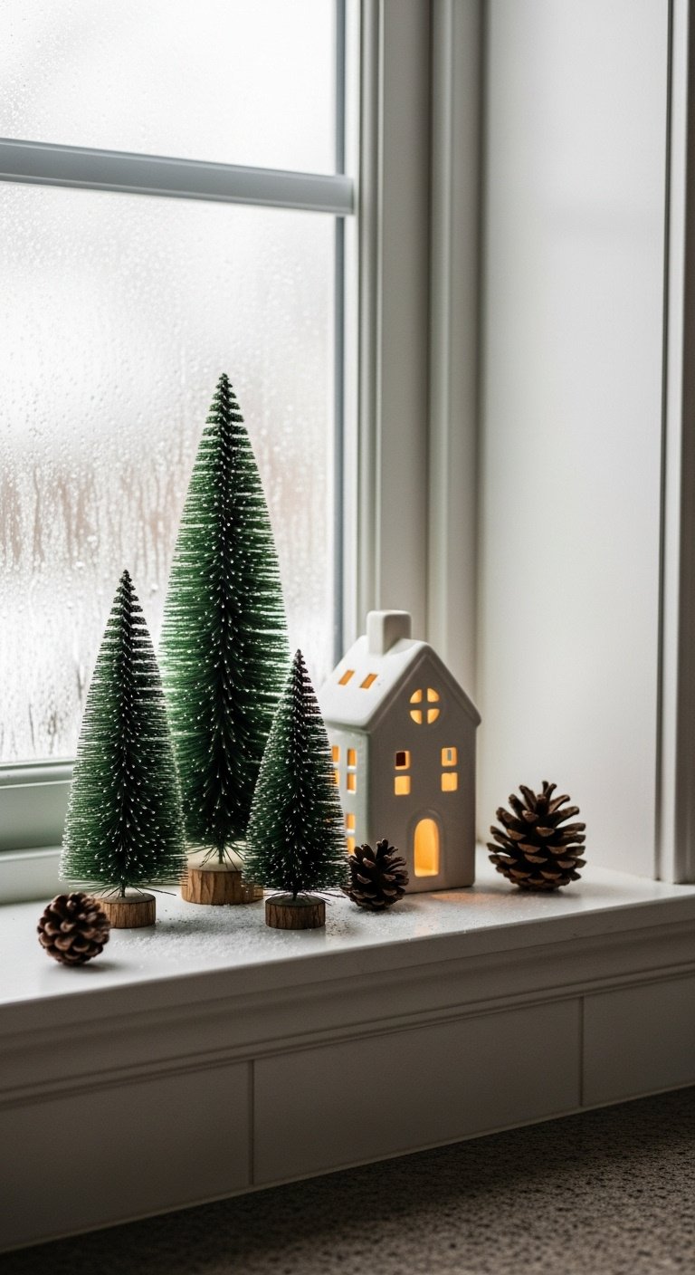 Christmas Kitchen Window Decor Ideas That Are Stunning And Safe 3 Farmhouse Christmas kitchen window with lit pine garland, pinecones, red berries, subway tile. Cozy holiday decor.