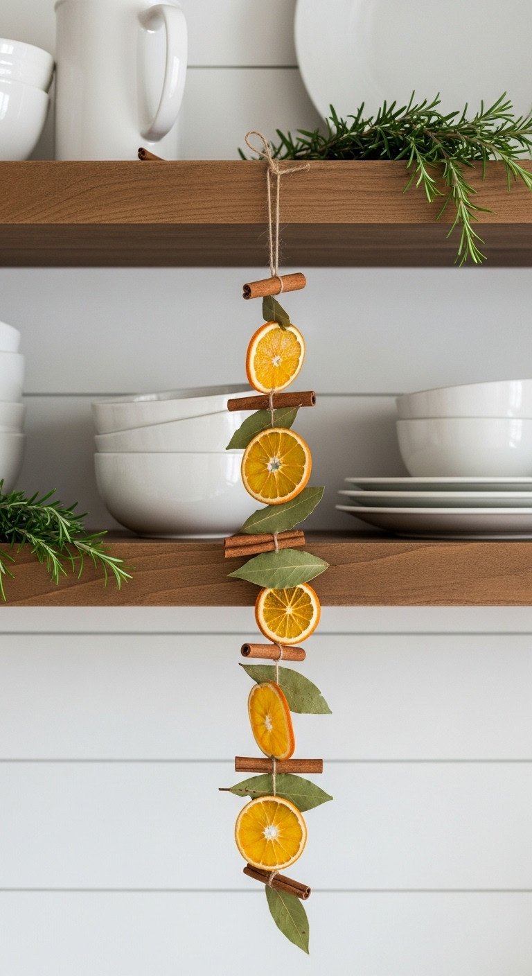 Farmhouse Christmas kitchen with homemade dried orange garland cinnamon sticks and bay leaves hanging from an open rustic shelf