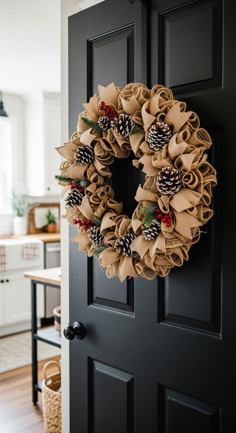 Farmhouse Christmas kitchen with rustic burlap and pinecone wreath on a black pantry door with a woven basket