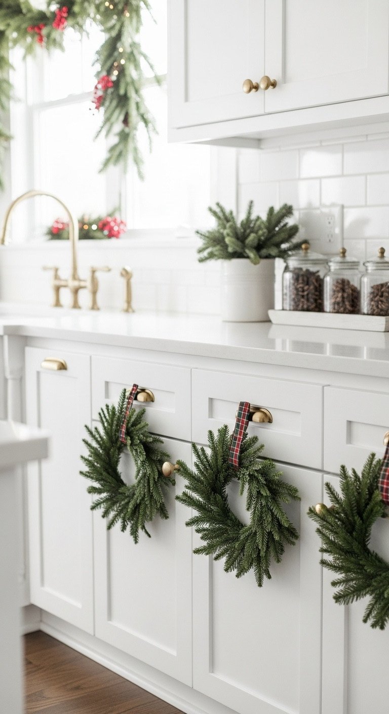 Farmhouse Christmas kitchen with small evergreen wreaths and plaid ribbons on white cabinet doors