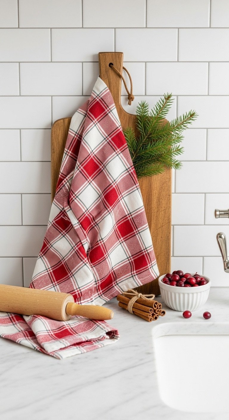 Farmhouse Christmas red plaid dish towels on rustic cutting board with cinnamon sticks, evergreen, marble counter.