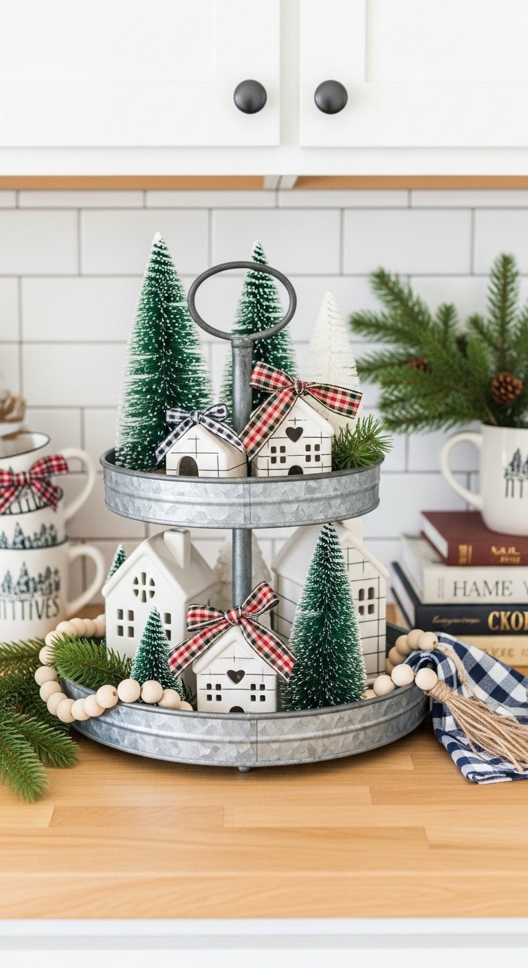 Farmhouse Christmas tiered tray decor with mini ceramic houses, bottle brush trees, wooden beads, plaid bows.