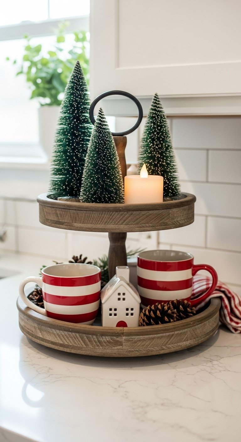 Farmhouse kitchen counter with rustic two-tiered tray, Christmas mugs, bottle brush trees, and pinecones on a quartz surface.