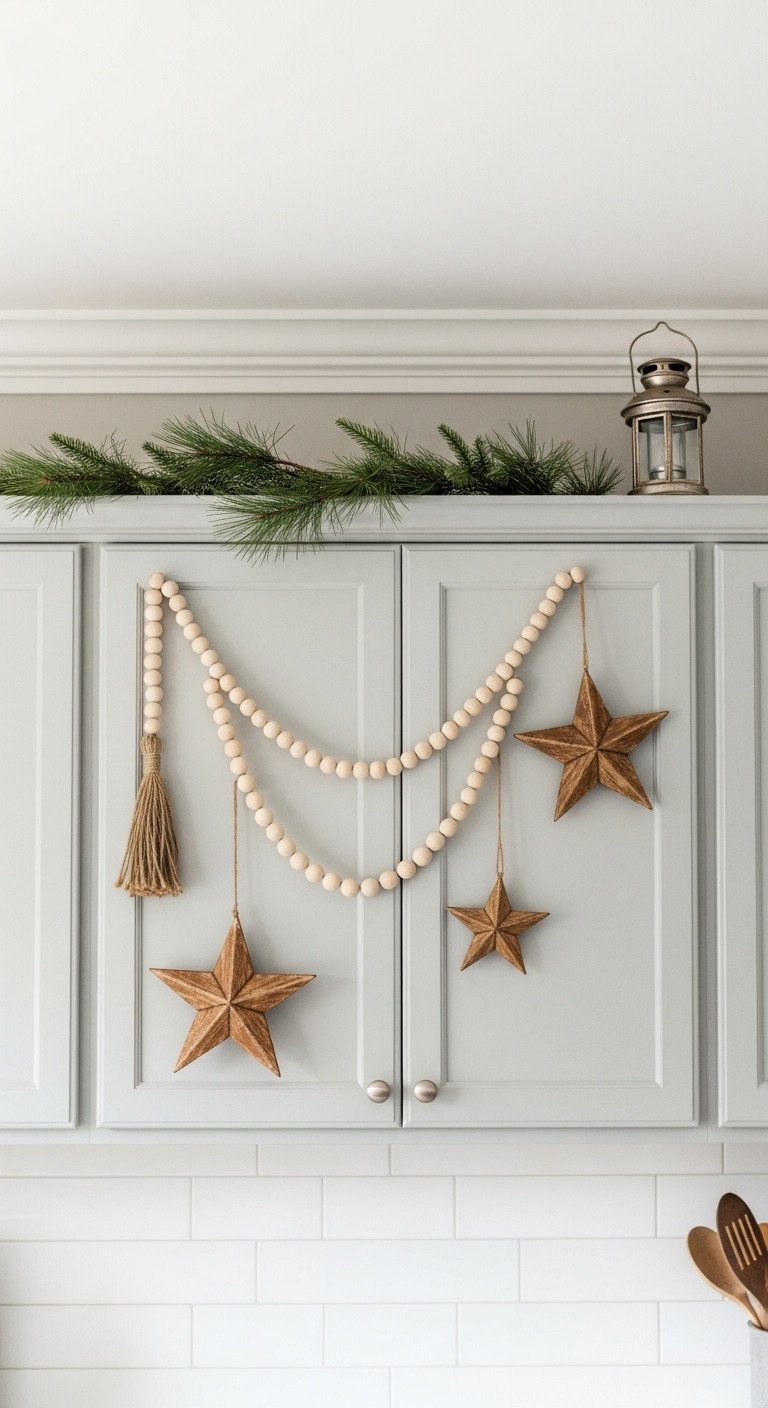 Farmhouse kitchen rustic decor above cabinets pine garland wooden bead garland handcrafted stars vintage lantern natural light