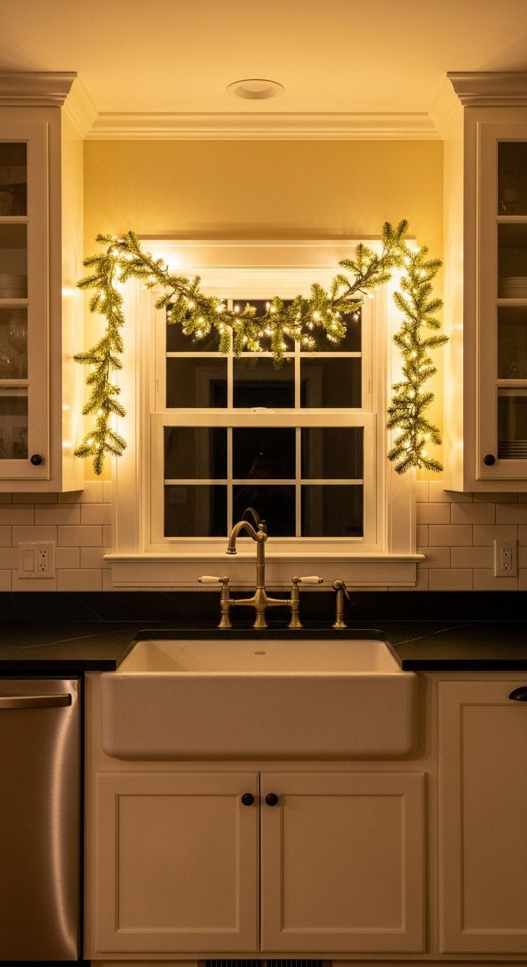Farmhouse kitchen with creamy yellow walls white cabinets and green garland with fairy lights Christmas decor