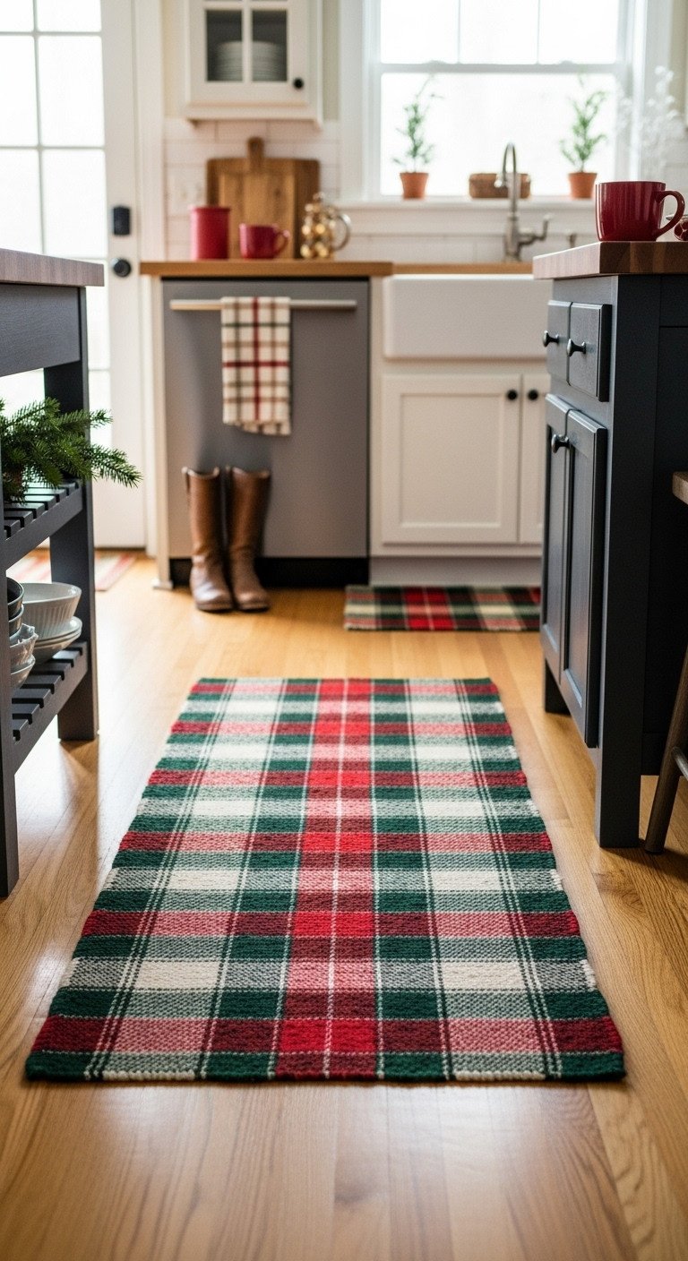 Farmhouse kitchen with red and green plaid Christmas runner rug on light oak floor cozy holiday decor