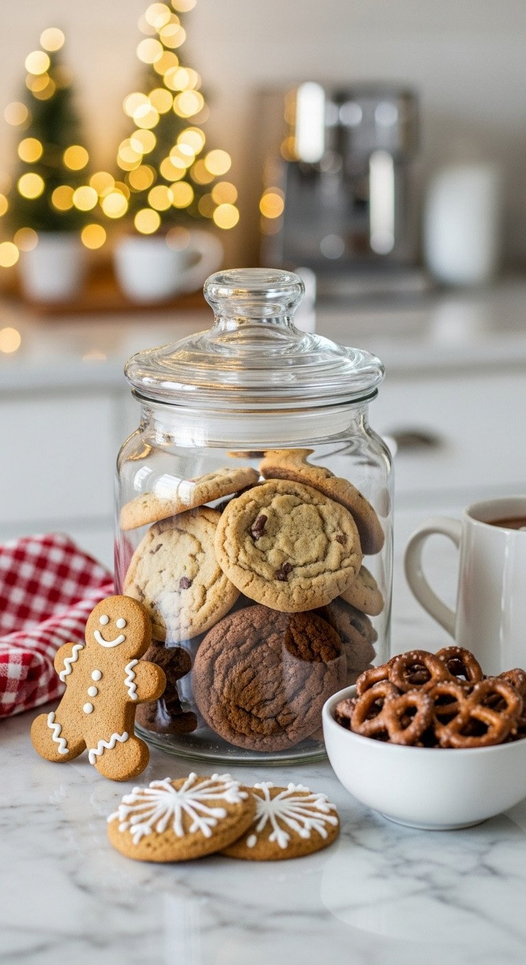 Festive Christmas cookie jar with holiday cookies on a hot cocoa station