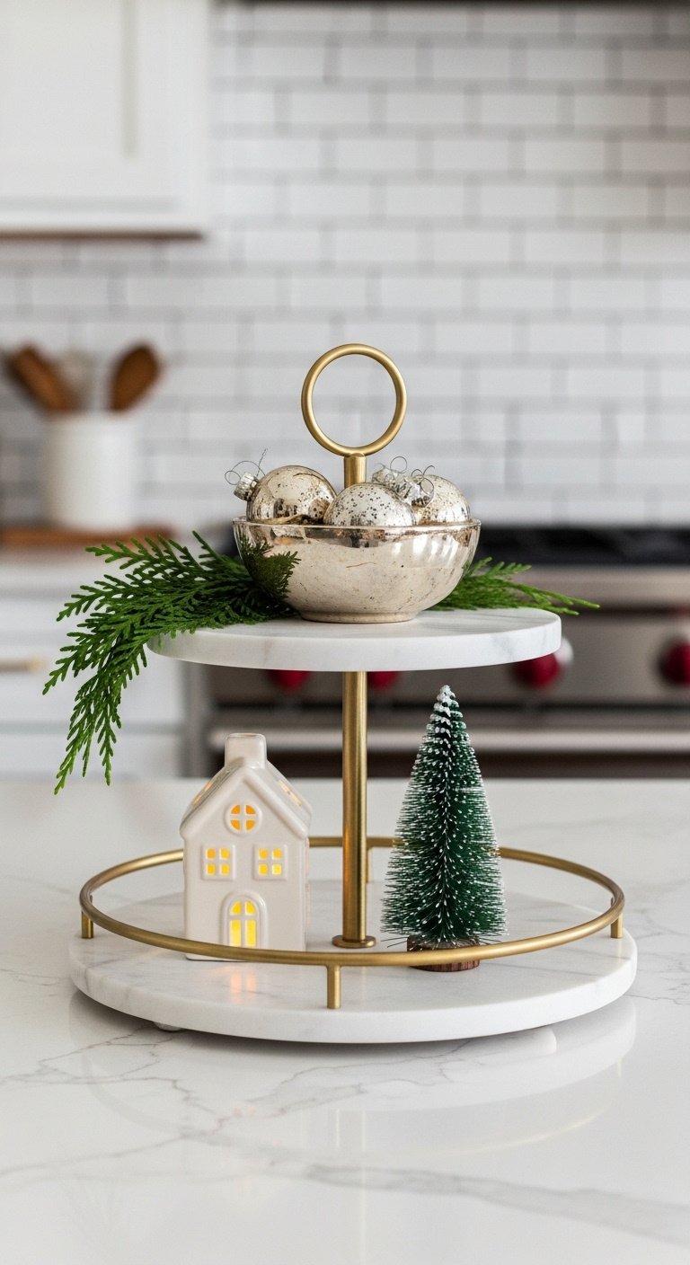 Festive Christmas countertop vignette: two-tiered marble/gold tray, glowing ceramic house, mini pine tree, vintage silver ornaments, cedar sprig.