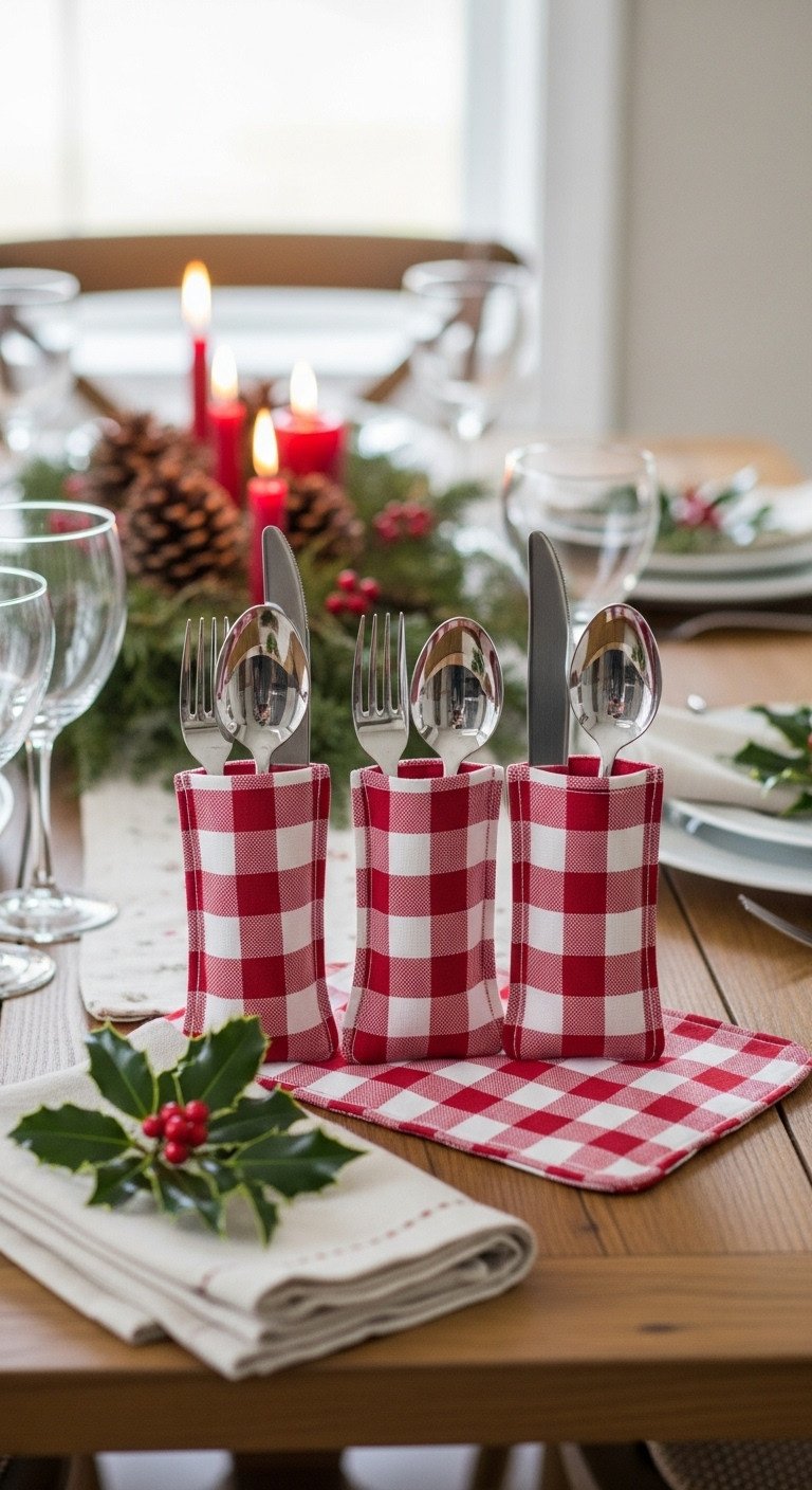 Festive Christmas dining table with handmade fabric cutlery pockets in red and white gingham holding silver cutlery