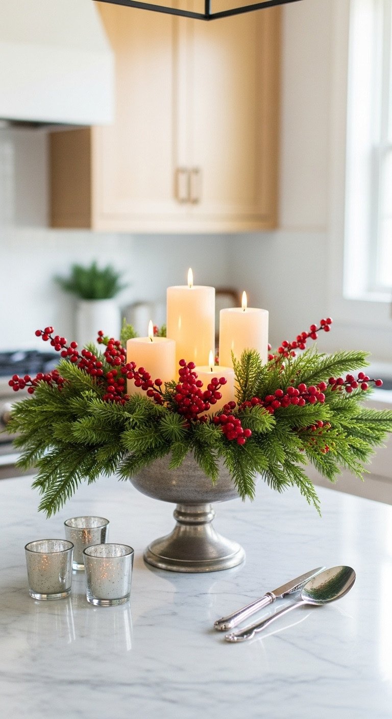 Festive Christmas kitchen island centerpiece: green evergreens, red berries, and ivory flameless pillar candles on polished marble.