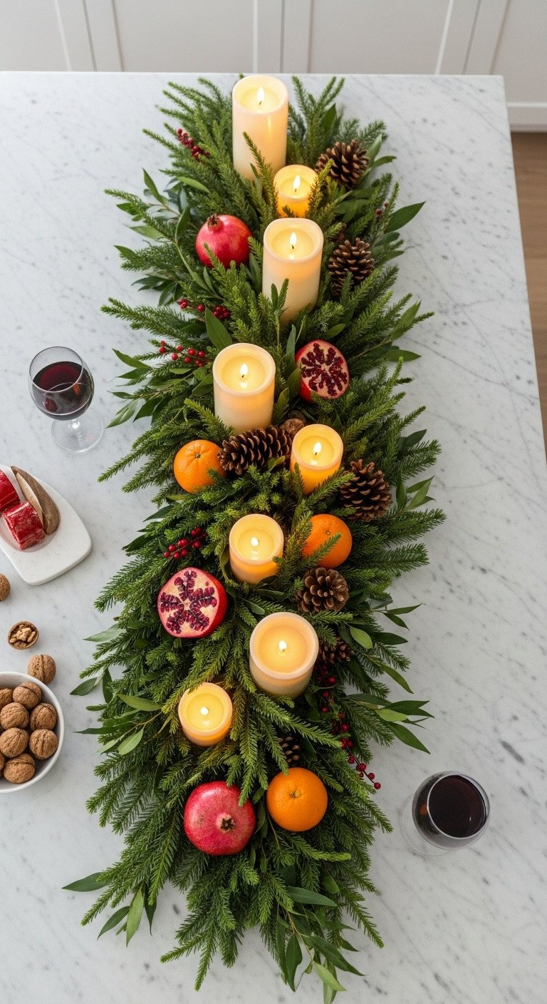Festive Christmas kitchen island centerpiece with lush garland LED candles pinecones pomegranates and oranges