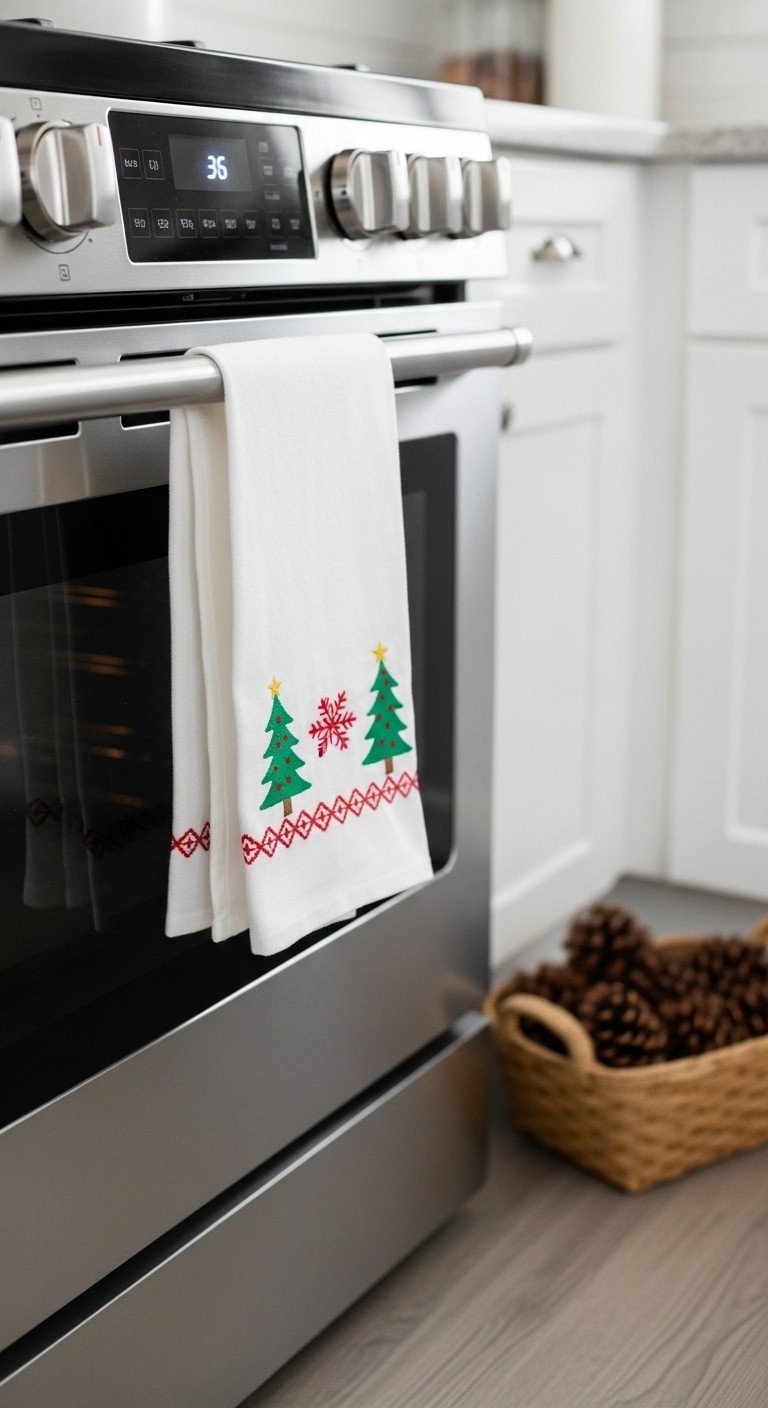 Festive Christmas-themed dish towel with green trees and red snowflakes draped over a stainless steel oven handle