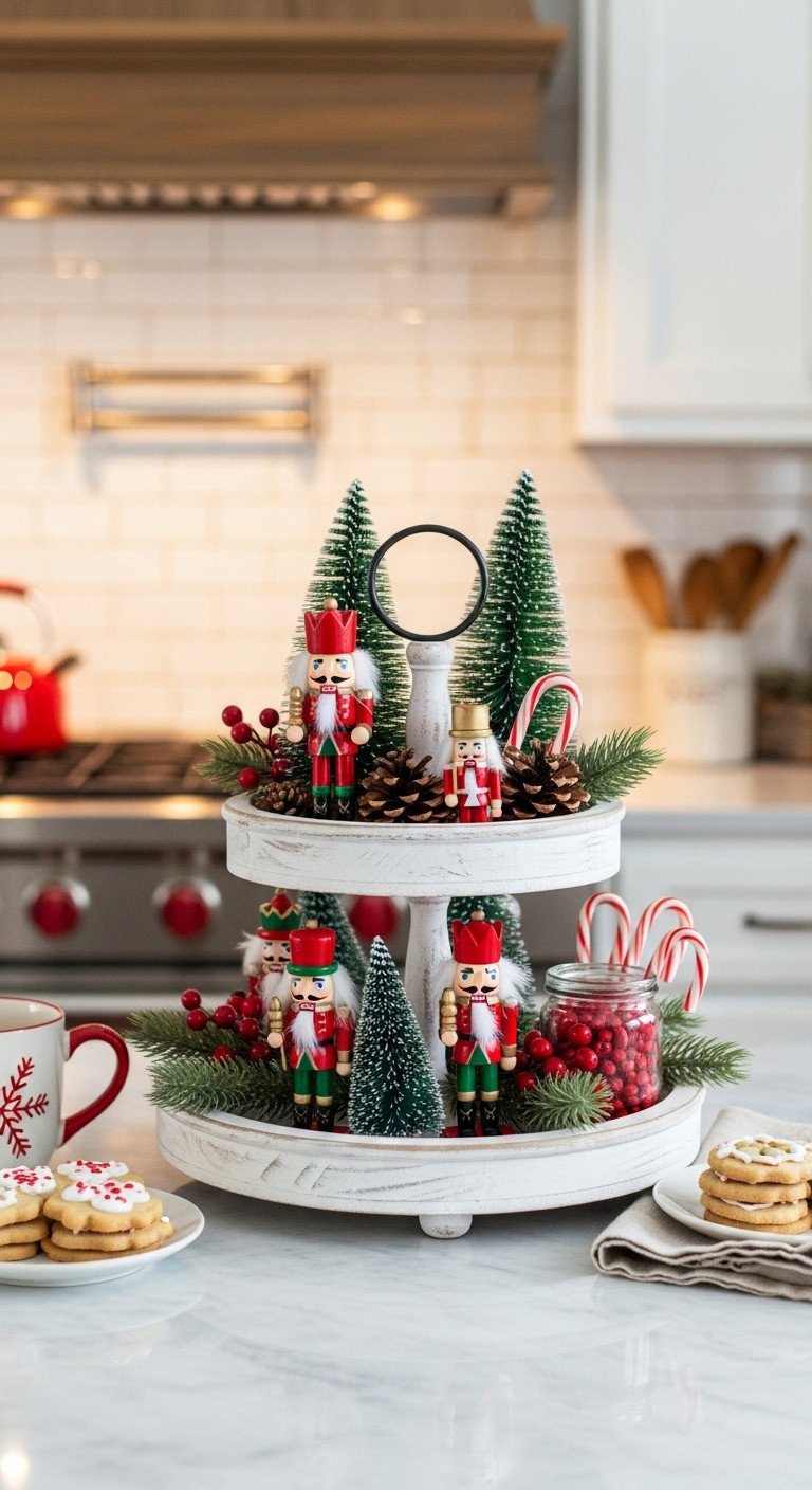 Festive Christmas tiered tray featuring miniature nutcrackers, faux frosted pine trees, red berry sprigs, and candy canes. Charming holiday kitchen display.