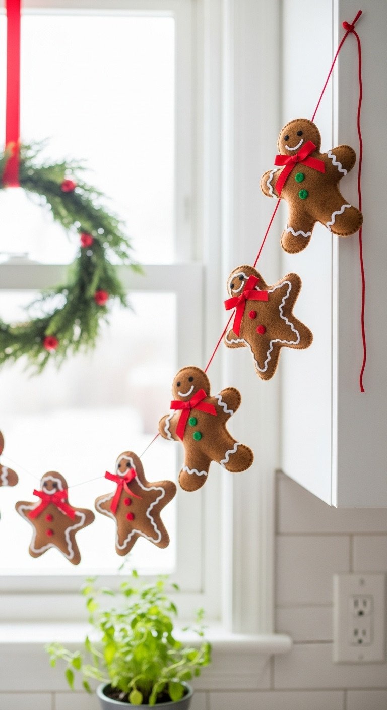 Festive DIY felt gingerbread garland with embroidered men, stars, red bows, draped on light kitchen cabinets for Christmas holiday decor.