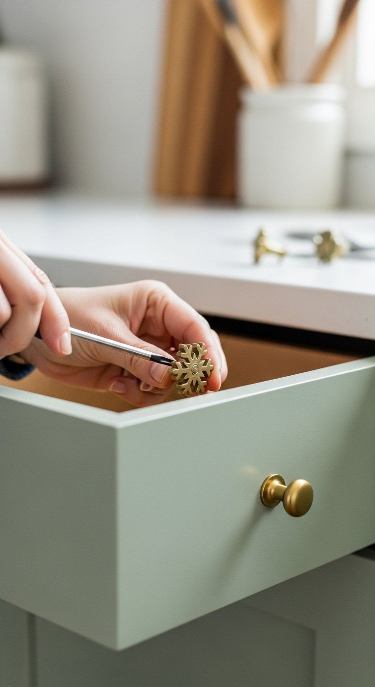 Festive cabinet knob swap installing snowflake shaped brushed gold knob on sage green kitchen drawer