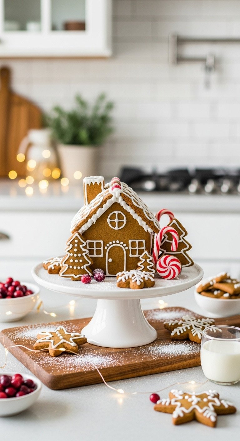 Festive edible gingerbread house display with frosted cookies, candy canes, and gumdrops on a white cake stand for Christmas.