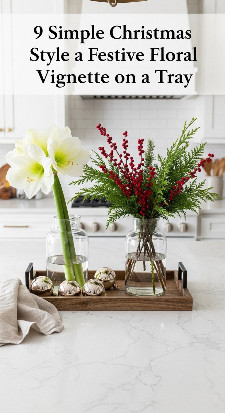 Festive floral vignette on a rustic wood tray with white amaryllis cedar branches and winterberries