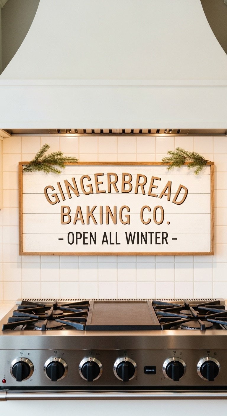 Festive focal point in kitchen with rustic white-washed wooden sign Gingerbread Baking Co