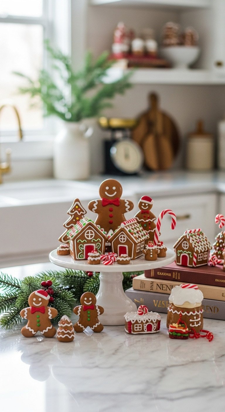 Festive gingerbread kitchen decor: ceramic gingerbread men, miniature houses, candy canes, and evergreen sprigs on a marble countertop.