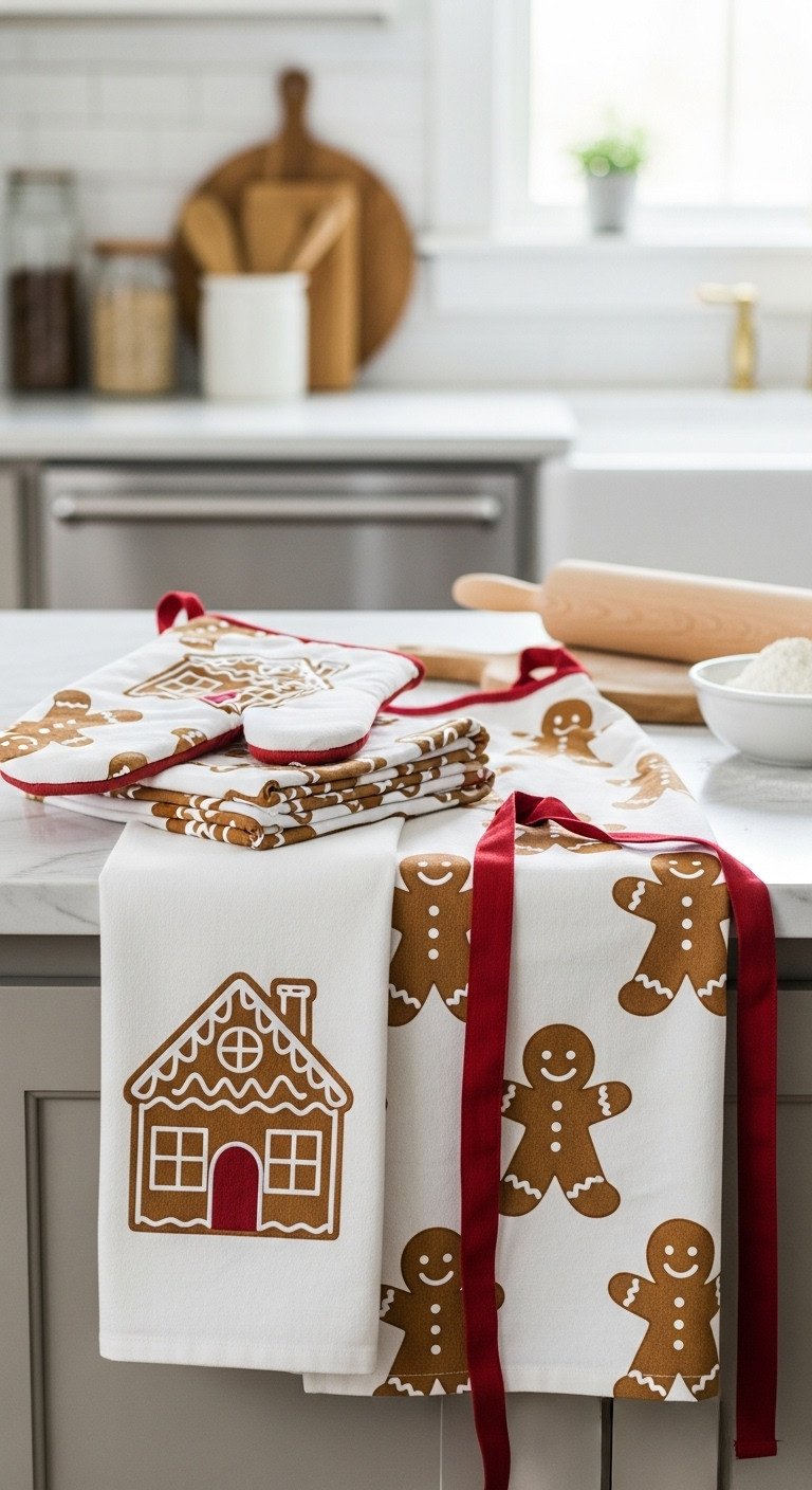 Festive gingerbread kitchen linens: towels, oven mitt, and apron with gingerbread men designs, neatly folded on a marble countertop.