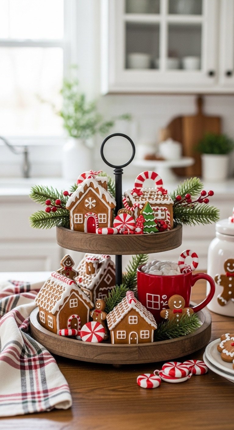Festive gingerbread tiered tray decor: miniature ceramic houses, gingerbread men, peppermints, and evergreen on a rustic wooden table.