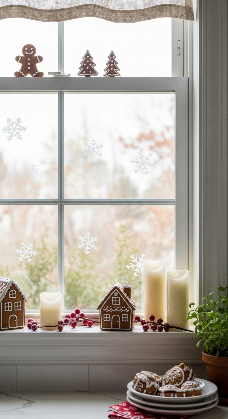 Festive gingerbread window sill decor: delicate houses, LED candles, frosted berries, and gingerbread man decals for Christmas.