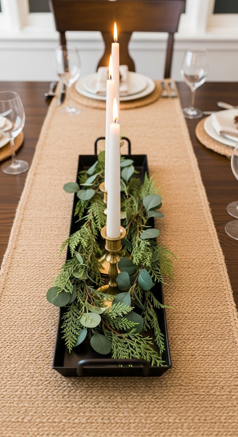 Festive holiday dining table with layered centerpiece jute runner black metal tray and brass candlesticks