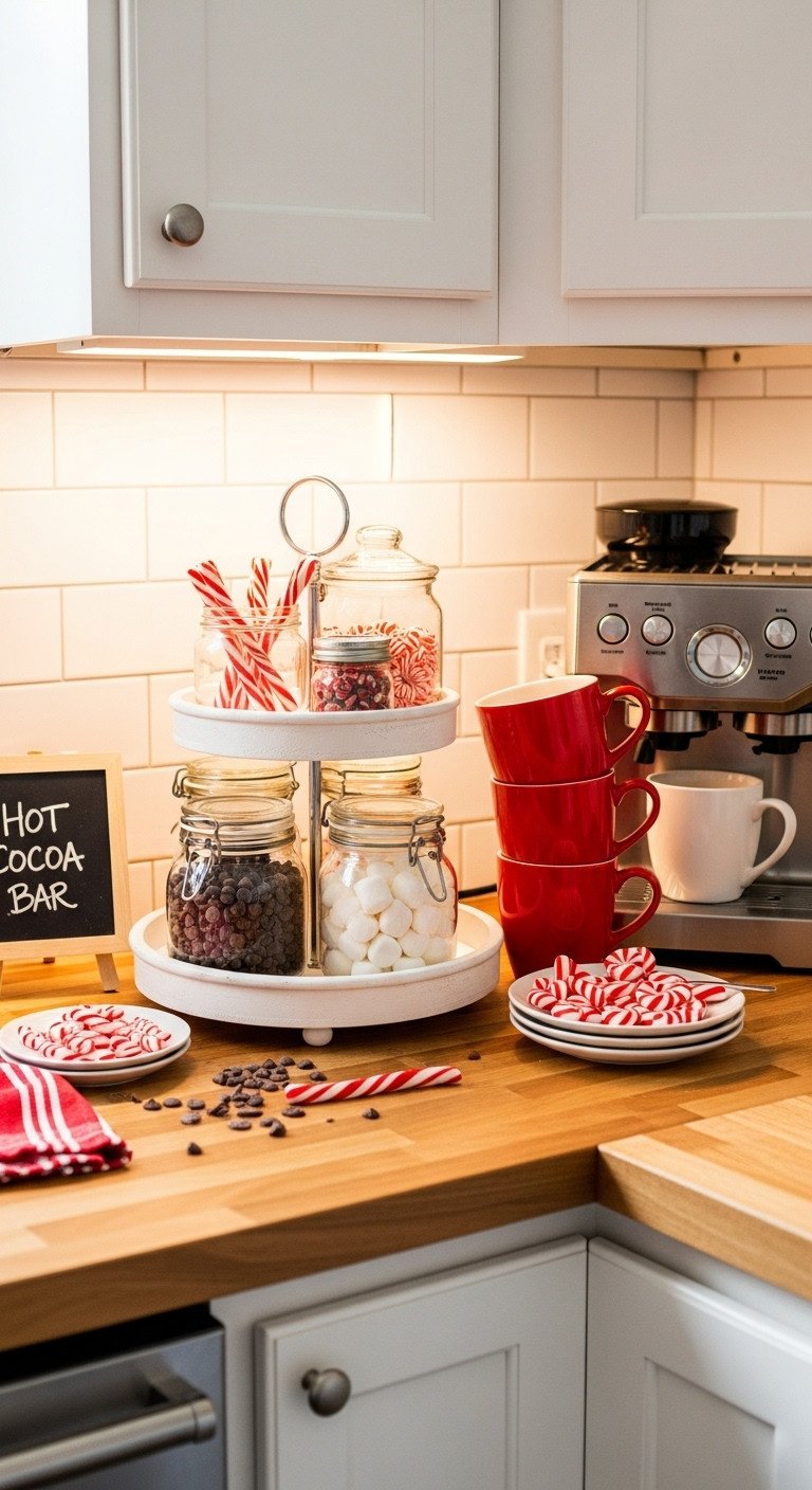 Festive hot chocolate bar with tiered tray marshmallows chocolate chips and red and white mugs in a kitchen