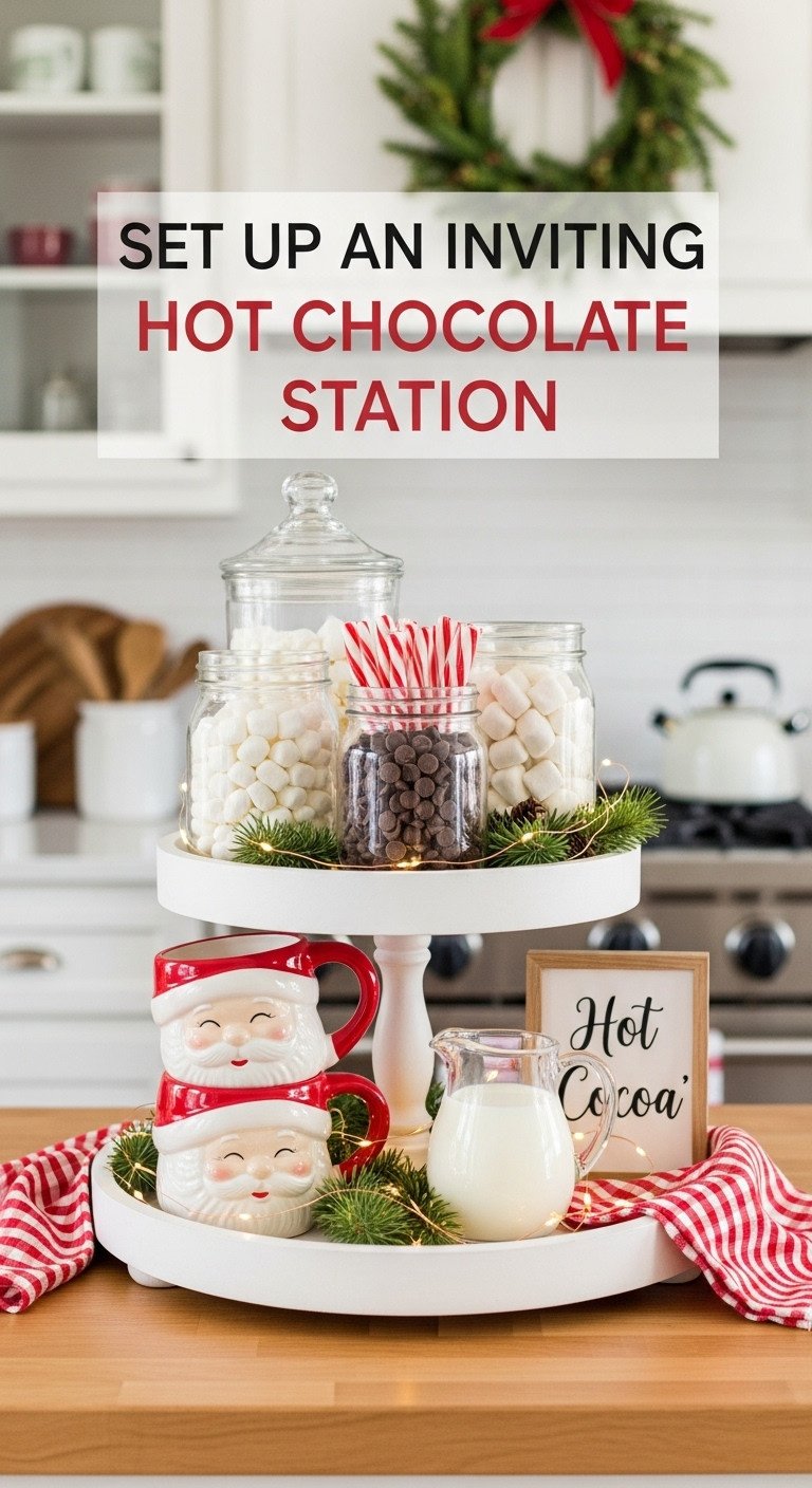 Festive hot chocolate station on a two tiered tray with marshmallows Santa mugs and milk