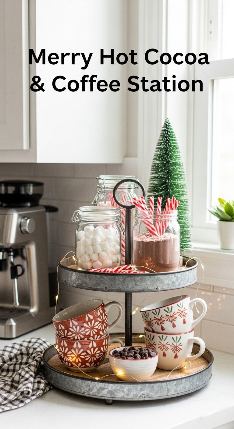 Festive hot cocoa and coffee station on a two-tiered rustic tray with glass jars mugs and fairy lights on a kitchen counter