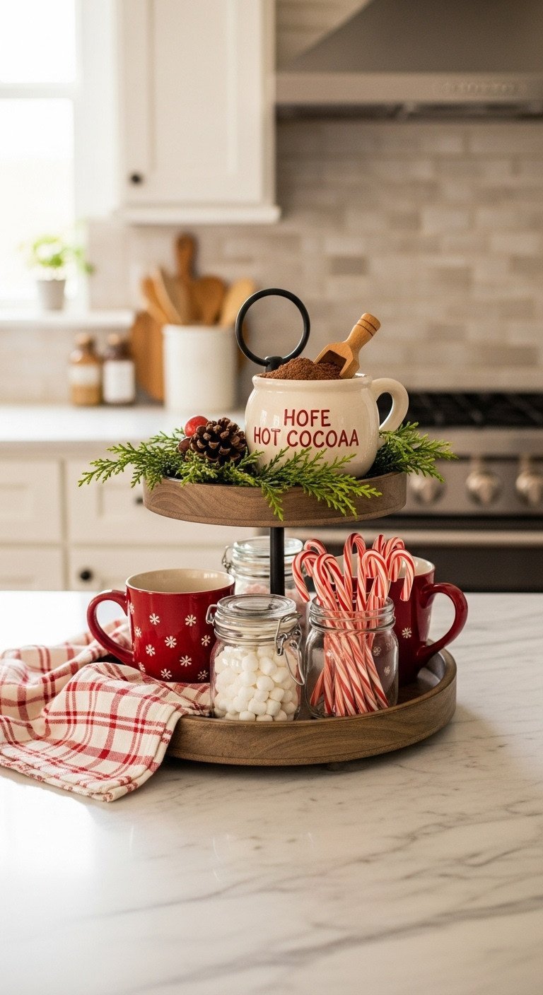 Festive hot cocoa station on a two-tiered tray with mugs, marshmallows, and candy canes on a marble counter. Cozy home decor.