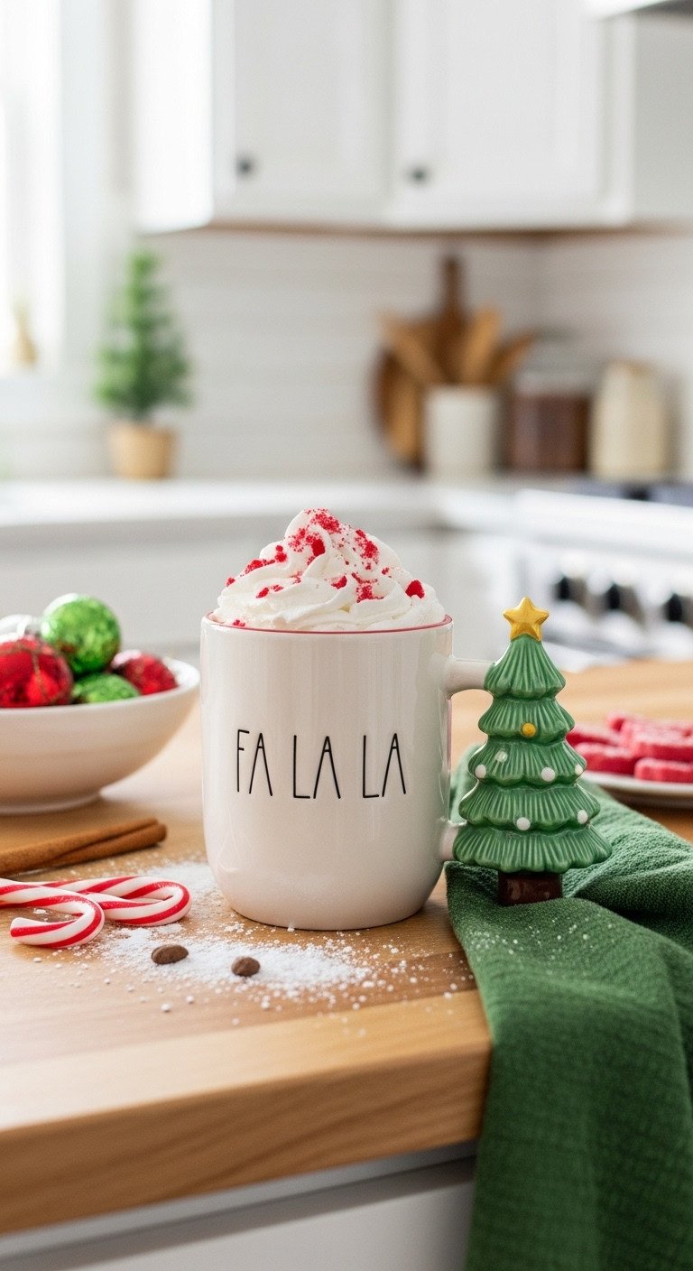 Festive kitchen counter with white ceramic mug "Fa La La" and a green Christmas tree handle on a butcher block