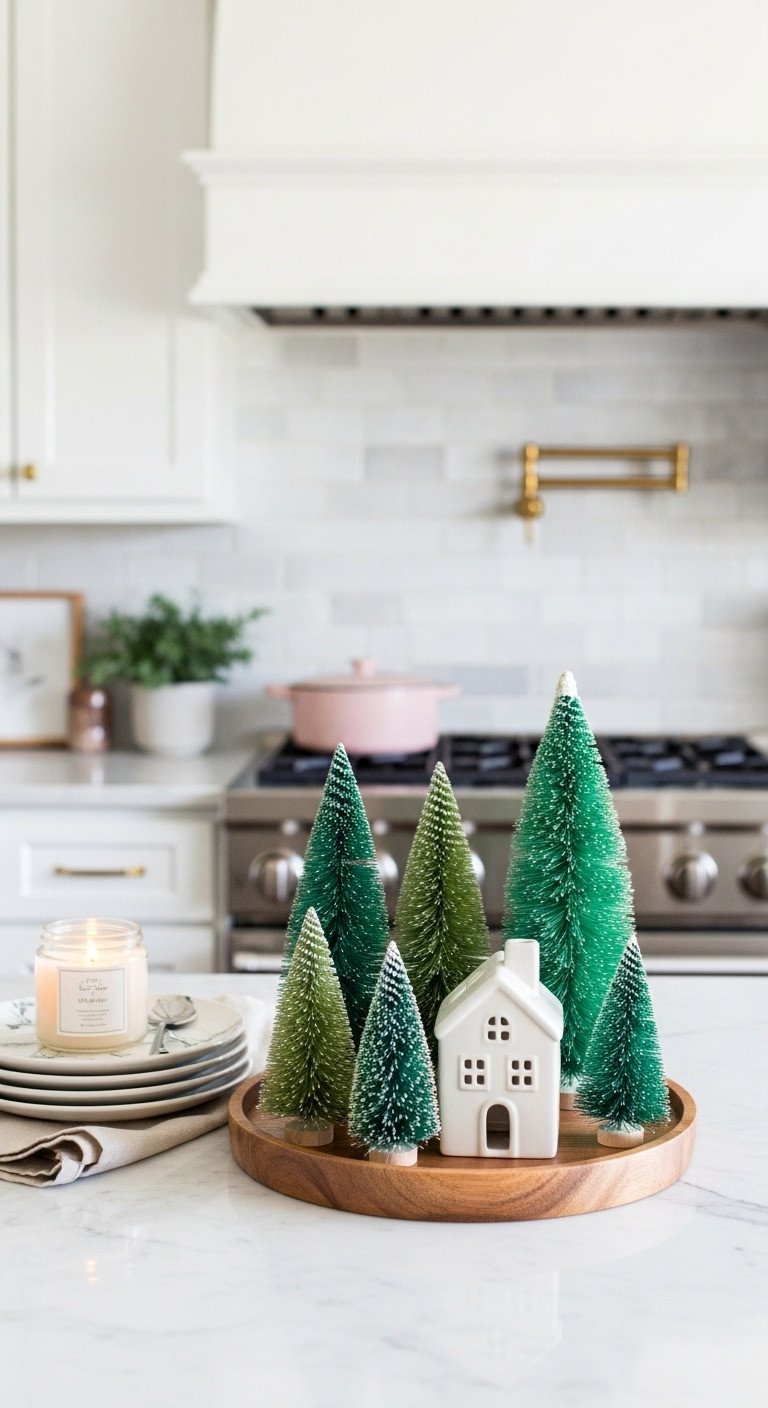 Festive kitchen countertop vignette with bottle brush trees white ceramic house and holiday plates on a wooden tray