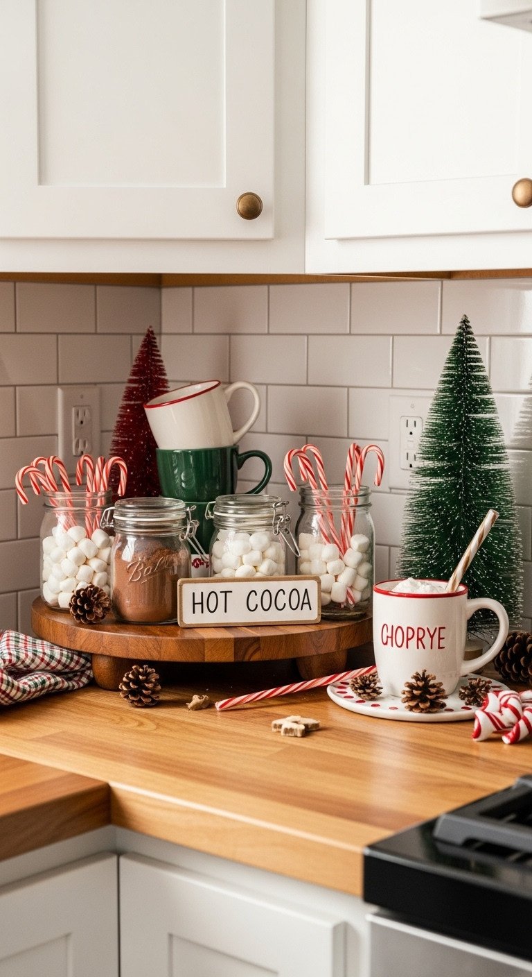Festive kitchen hot cocoa station Christmas mugs marshmallows candy canes butcher block countertop golden hour light