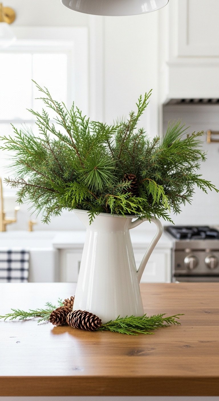 Festive kitchen natural greenery arrangement white ceramic pitcher pine cedar juniper branches wooden island pinecones bokeh