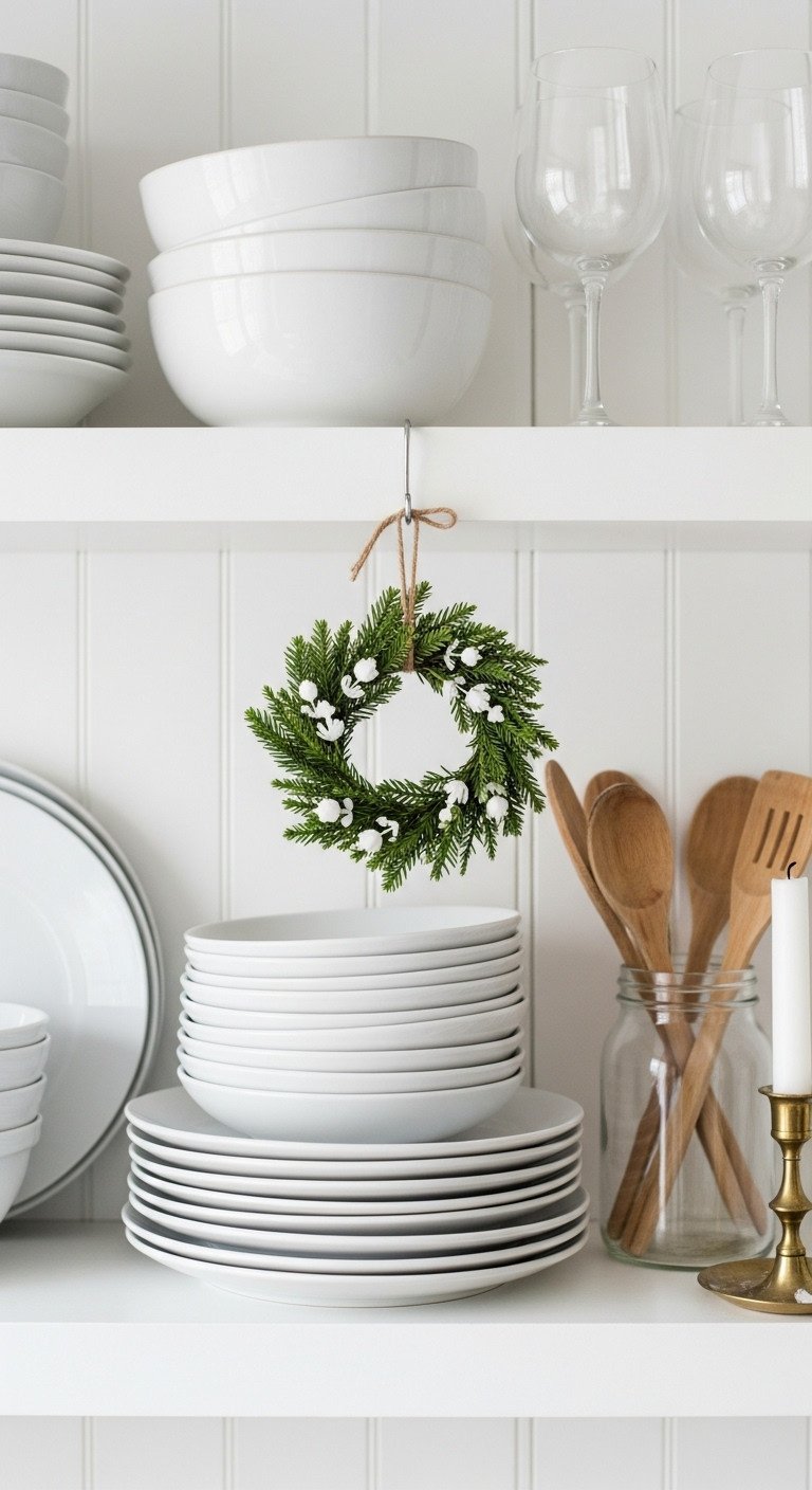 Festive kitchen shelf with white ceramic plates, a small green mini wreath, wooden spoons, and a brass candlestick. Bright and clean.
